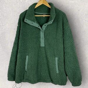 Eddie Bauer Fireside Plush Fleece Snap Funnel Neck Sweater Green Womens XL Teddy